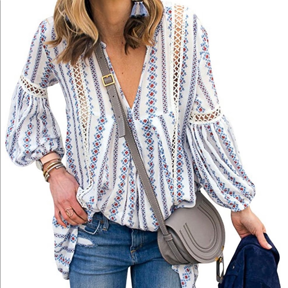 Zxzy long sleeve V neck floral print boho top